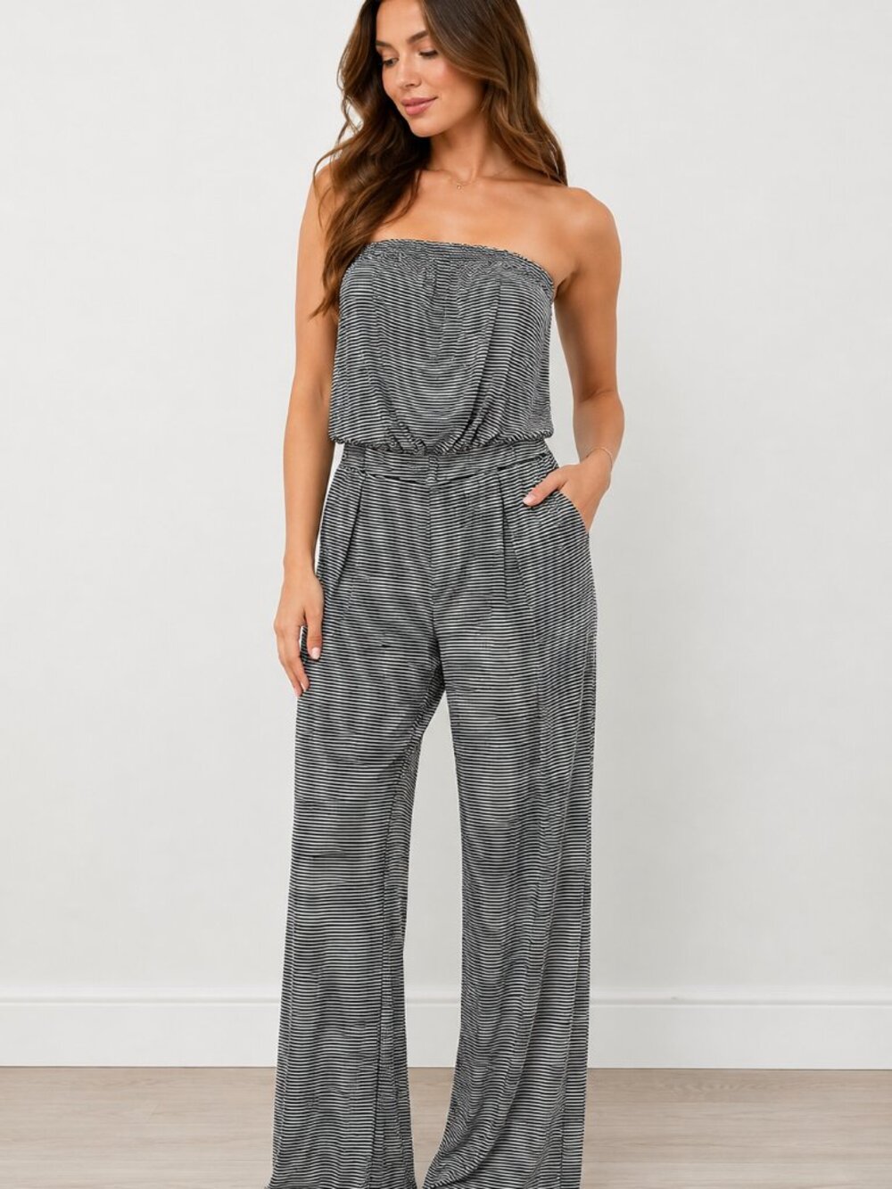Cynthia Rowley Striped Mesh Strapless Wide Leg Jumpsuit S